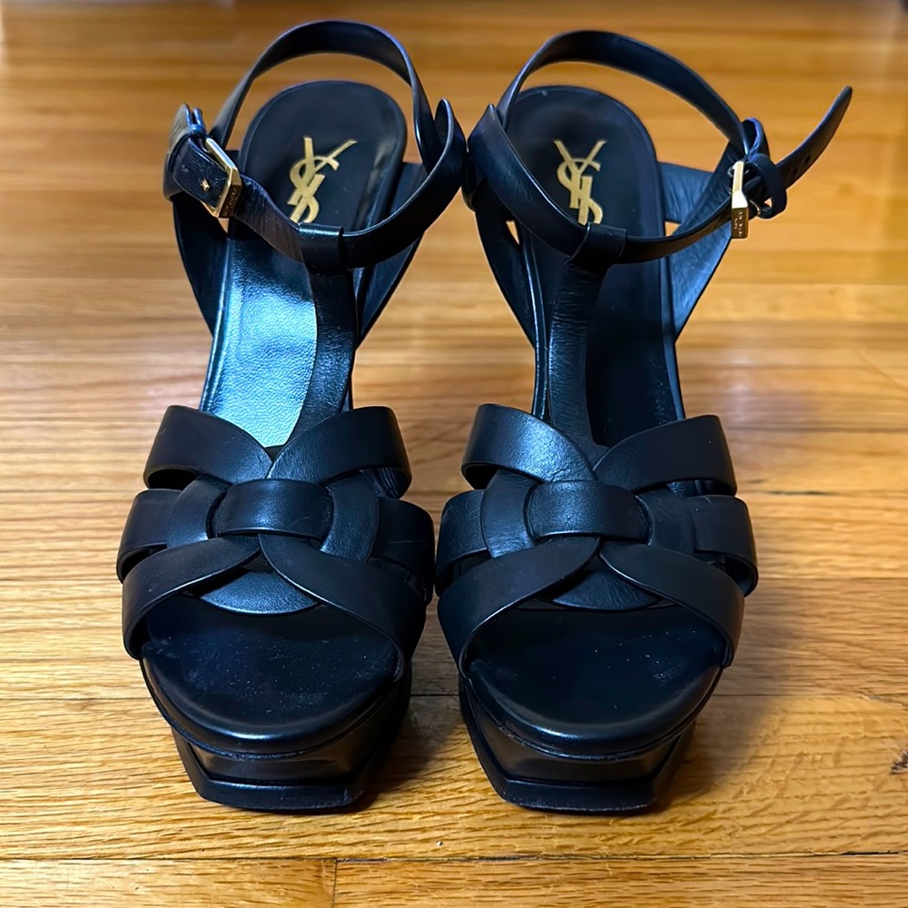 Yves Saint Laurent Black Leather Woven T-Strap Platform Heels